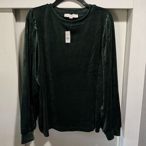 NWT LOFT Dark Green Velvet Long sleeve blouse